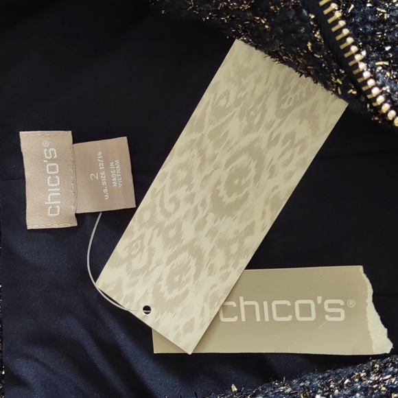 NWT Chico's Sz 2(12/14) Classic Navy Foil Tweed Long Sleeve Jacket Gold Metallic - Picture 4 of 16